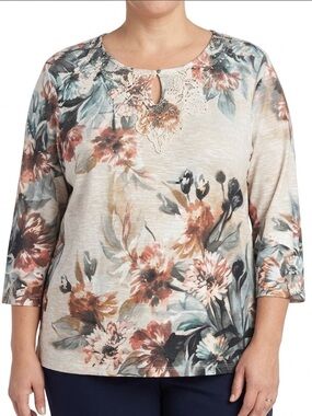 Alfred Dunner Floral Embellished Lace Neck Top 1X